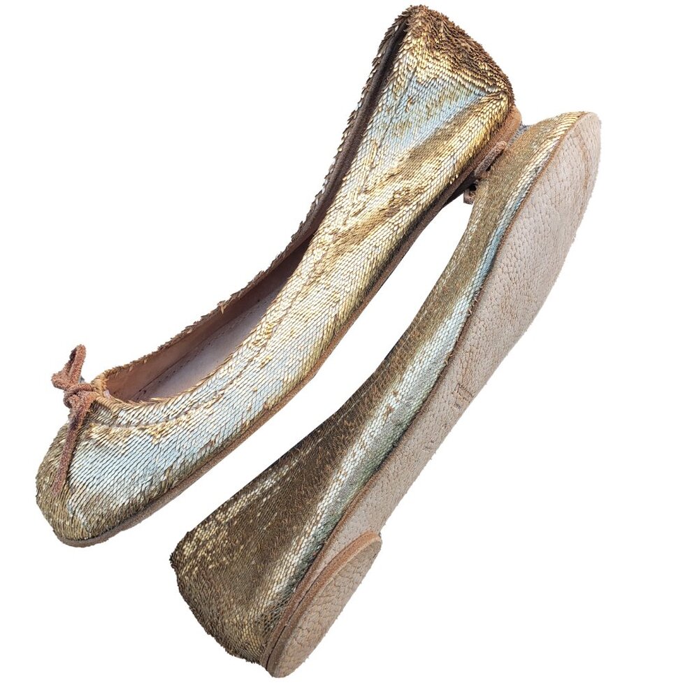 Pedro Garcia Greta Ballet Flats 38.5 Gold Lame Leather Shoes Bows Round Toe - Picture 5 of 9